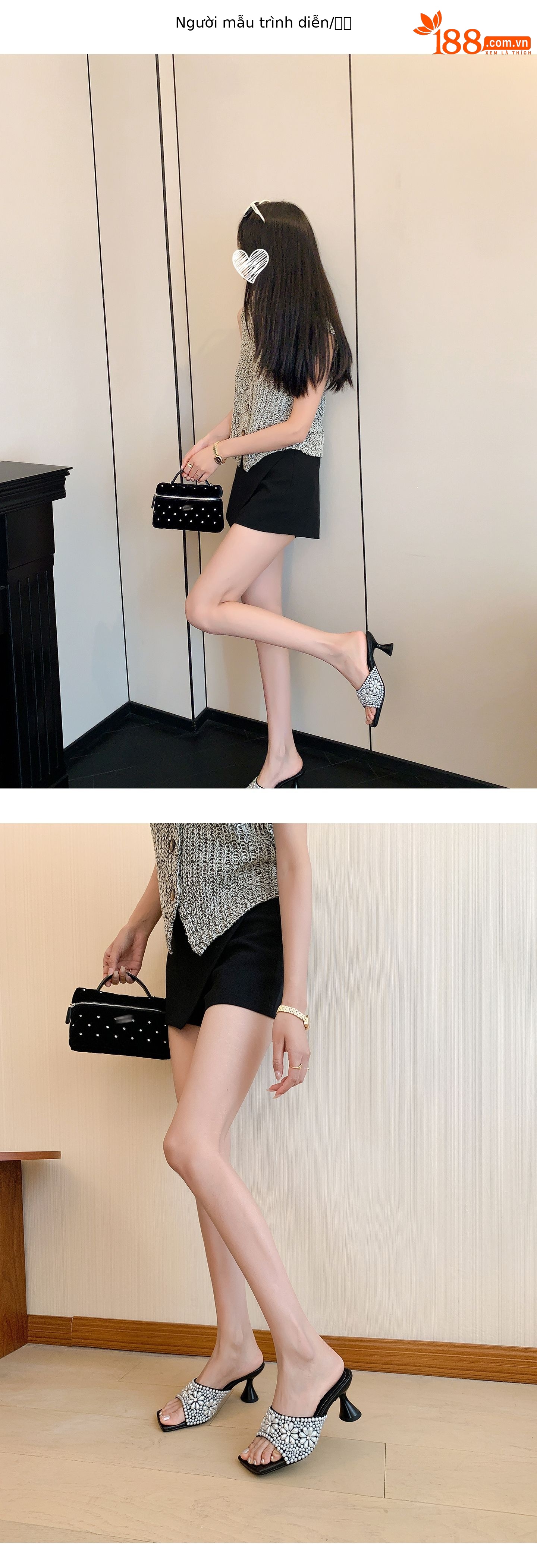 Sandal cao gót nữ quai ngang mũi vuông đính đá pha lê handmade — màu đen, màu trắng chi tiết 8