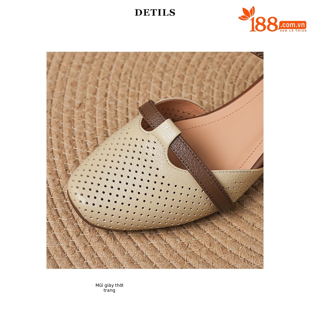 Sandal nữ da cừu mũi kín gót vuông quai ngang khóa một chữ — màu trắng ngà chi tiết 18