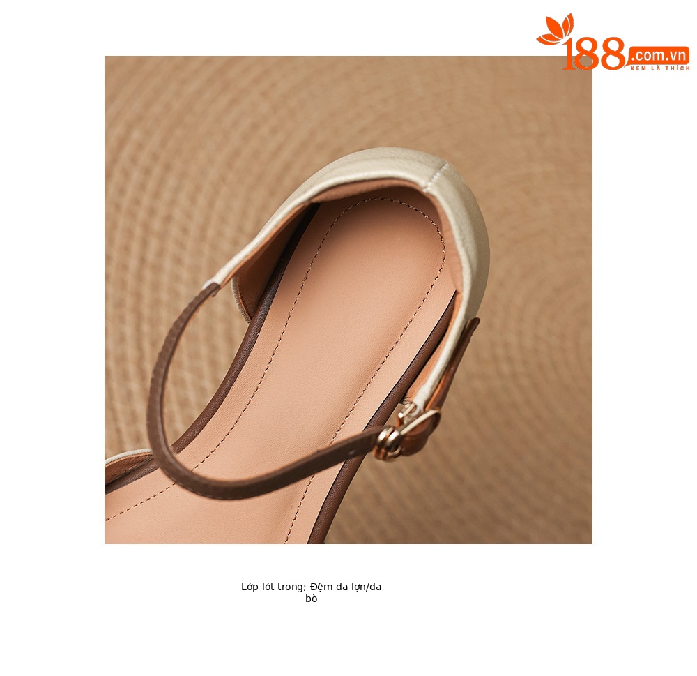 Sandal nữ da cừu mũi kín gót vuông quai ngang khóa một chữ — màu trắng ngà chi tiết 19