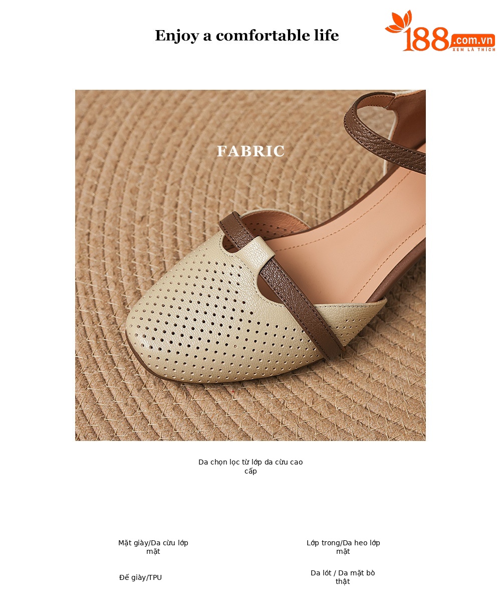 Sandal nữ da cừu mũi kín gót vuông quai ngang khóa một chữ — màu trắng ngà chi tiết 2