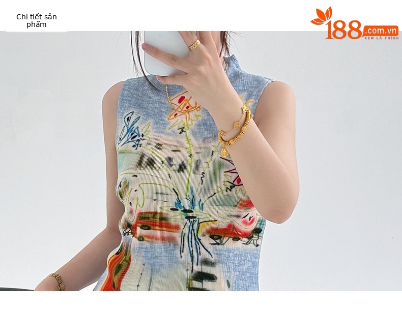Áo ba lỗ cổ cao nữ in họa tiết retro, thiết kế xếp ly độc đáo — màu xanh nhạt chi tiết 3