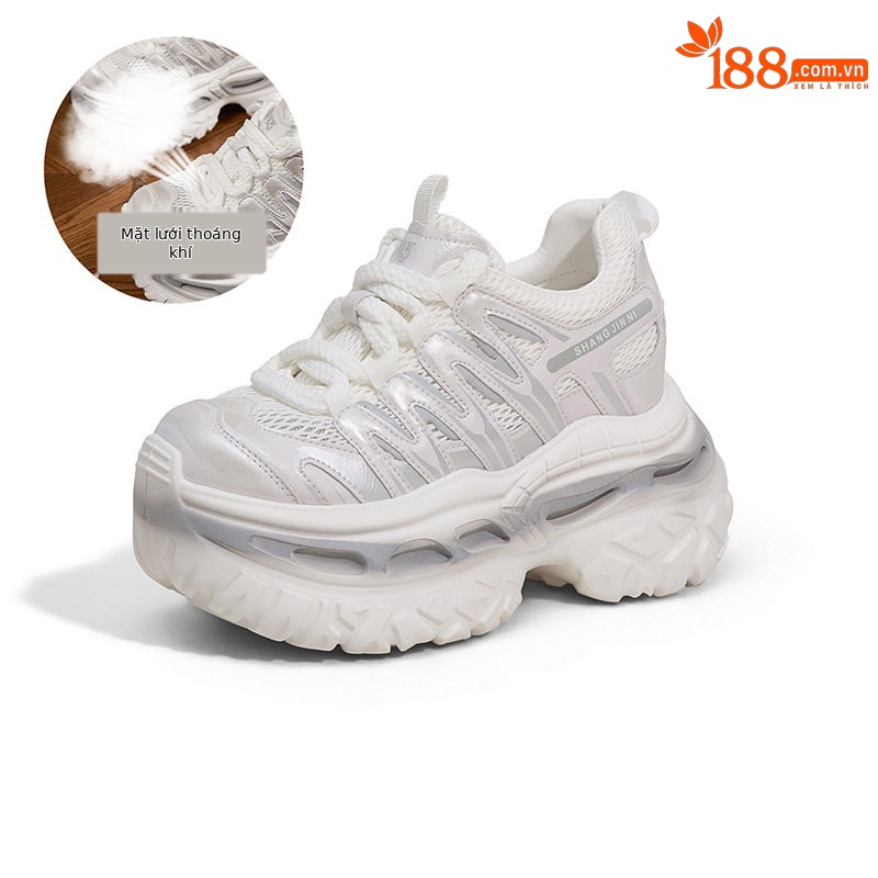 Giày thể thao nữ đế xuồng platform lỗ thoáng khí, gót siêu cao 8 cm — Trắng, Xám xanh