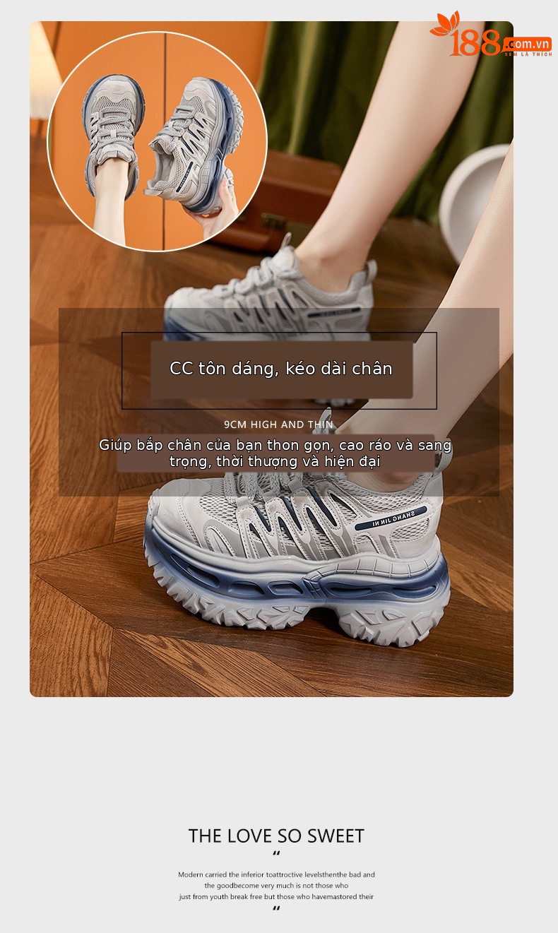 Giày thể thao nữ đế xuồng platform lỗ thoáng khí, gót siêu cao 8 cm — Trắng, Xám xanh chi tiết 9