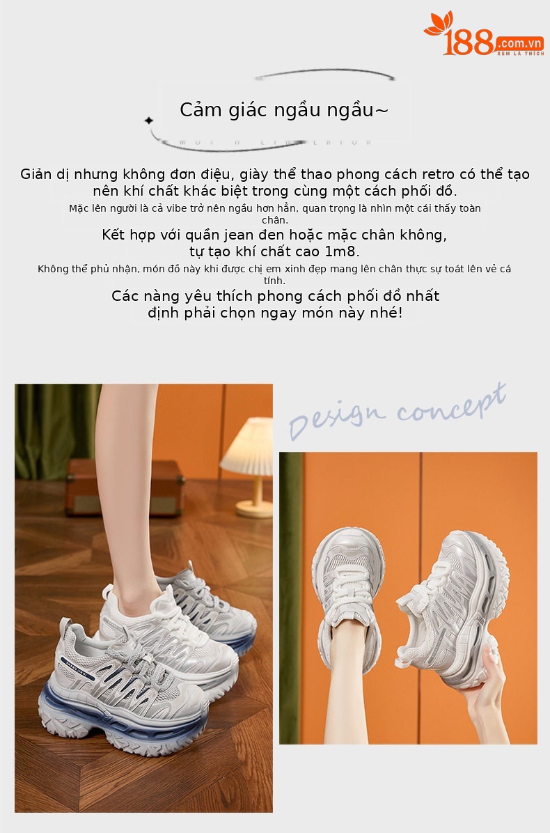 Giày thể thao nữ đế xuồng platform lỗ thoáng khí, gót siêu cao 8 cm — Trắng, Xám xanh chi tiết 4