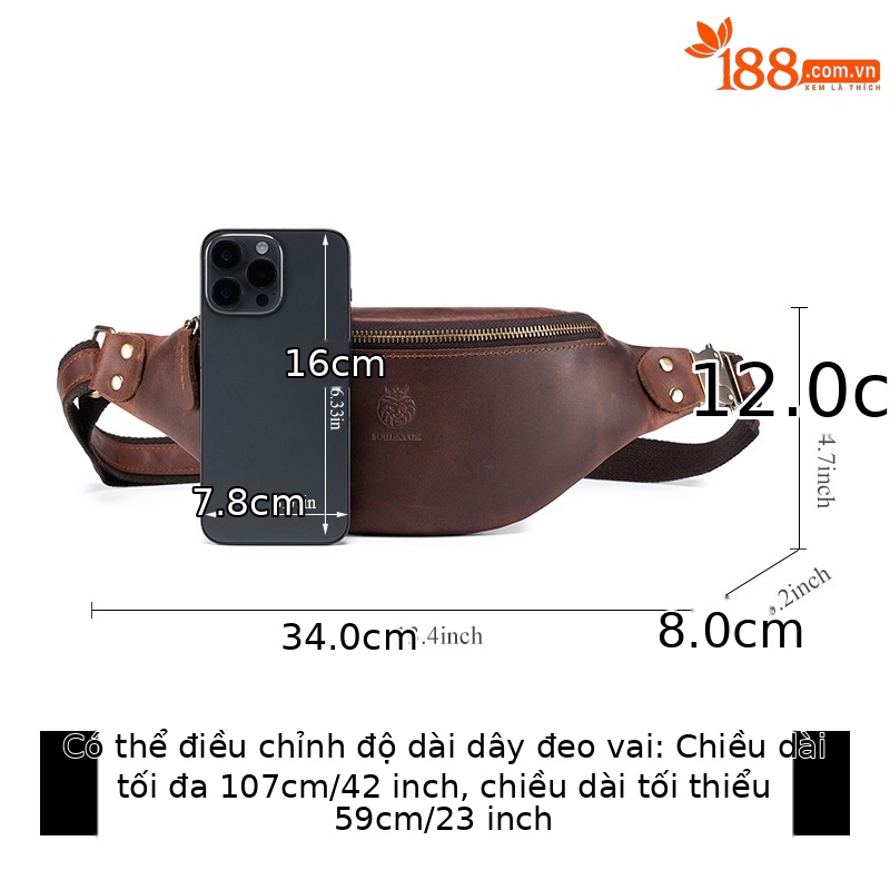 Túi đeo chéo nam da bò thật phong cách cổ điển, thiết kế đa năng, tiện lợi — Màu cà phê
