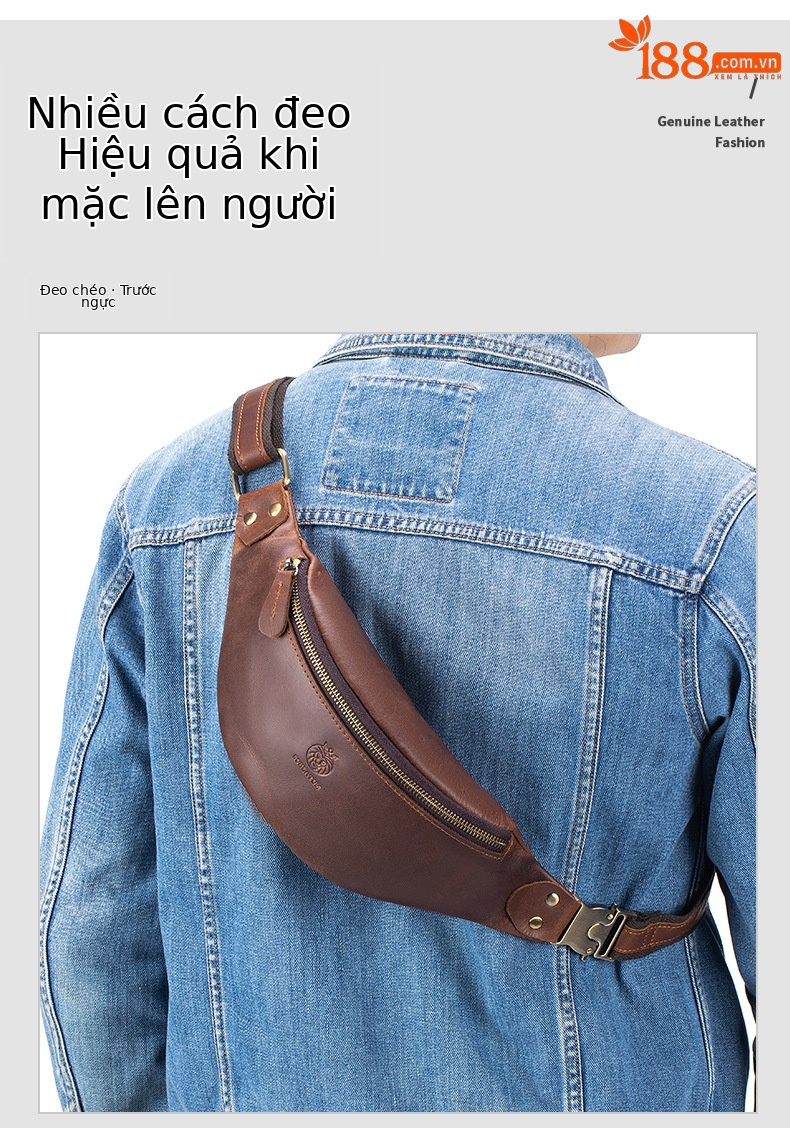 Túi đeo chéo nam da bò thật phong cách cổ điển, thiết kế đa năng, tiện lợi — Màu cà phê chi tiết 3