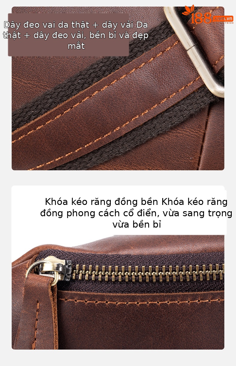 Túi đeo chéo nam da bò thật phong cách cổ điển, thiết kế đa năng, tiện lợi — Màu cà phê chi tiết 9