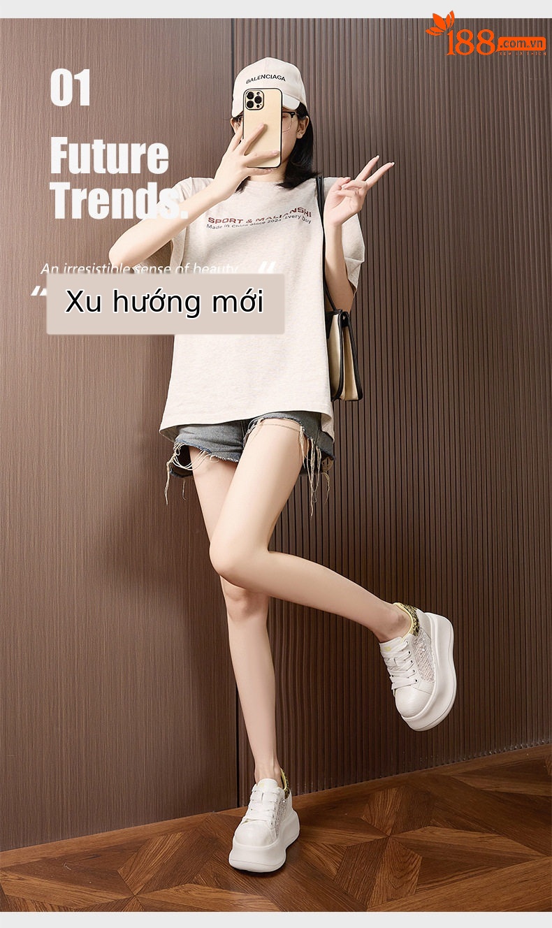 Giày sneaker nữ chunky đế dày màu trắng, phối dây buộc, form thể thao — Hũ trắng vàng, Bột trắng chi tiết 2
