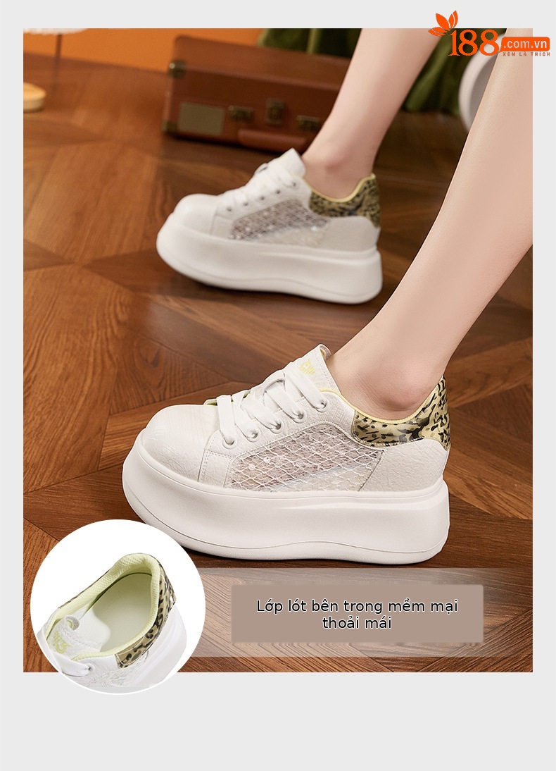 Giày sneaker nữ chunky đế dày màu trắng, phối dây buộc, form thể thao — Hũ trắng vàng, Bột trắng chi tiết 5