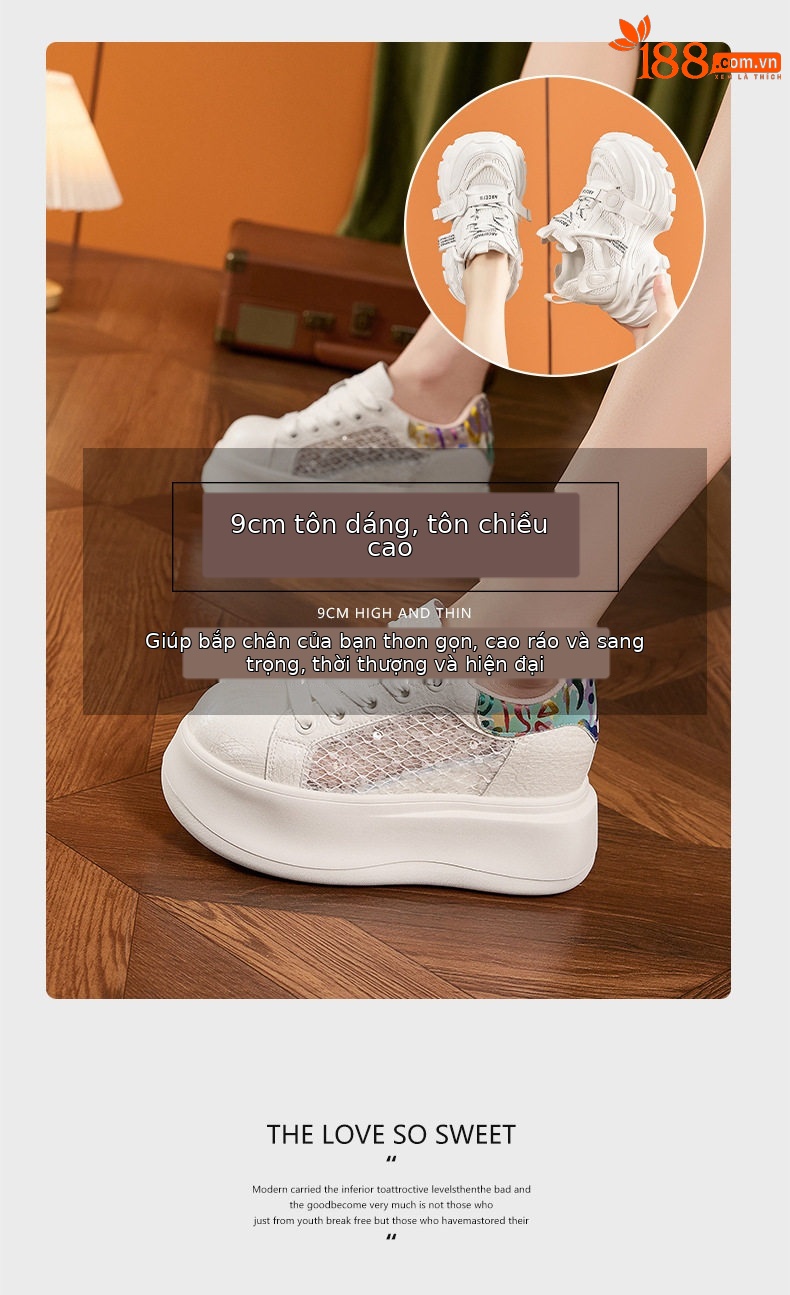 Giày sneaker nữ chunky đế dày màu trắng, phối dây buộc, form thể thao — Hũ trắng vàng, Bột trắng chi tiết 9