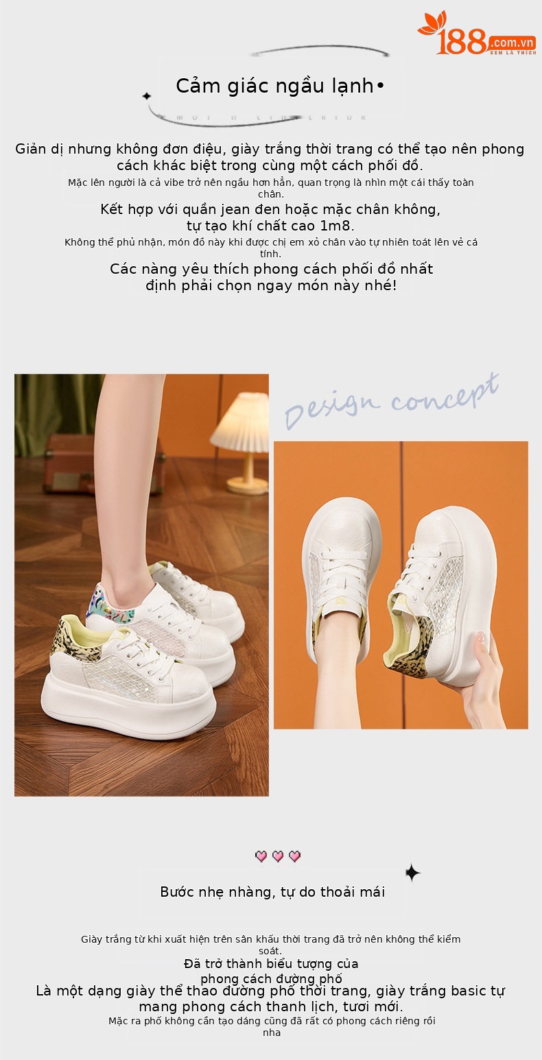 Giày sneaker nữ chunky đế dày màu trắng, phối dây buộc, form thể thao — Hũ trắng vàng, Bột trắng chi tiết 4
