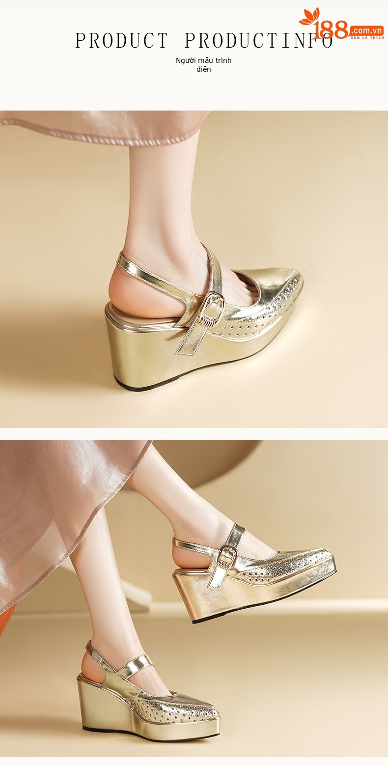 Sandal cao gót nữ hở mũi quai ngang gót 9 cm — màu vàng, bạc chi tiết 2