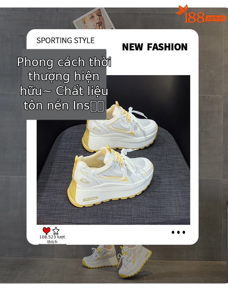 Giày sneaker nữ đế dày phong cách cổ điển, tăng chiều cao, phối màu xám vàng — Xám 5032-1, Vàng 5032-1 chi tiết 3