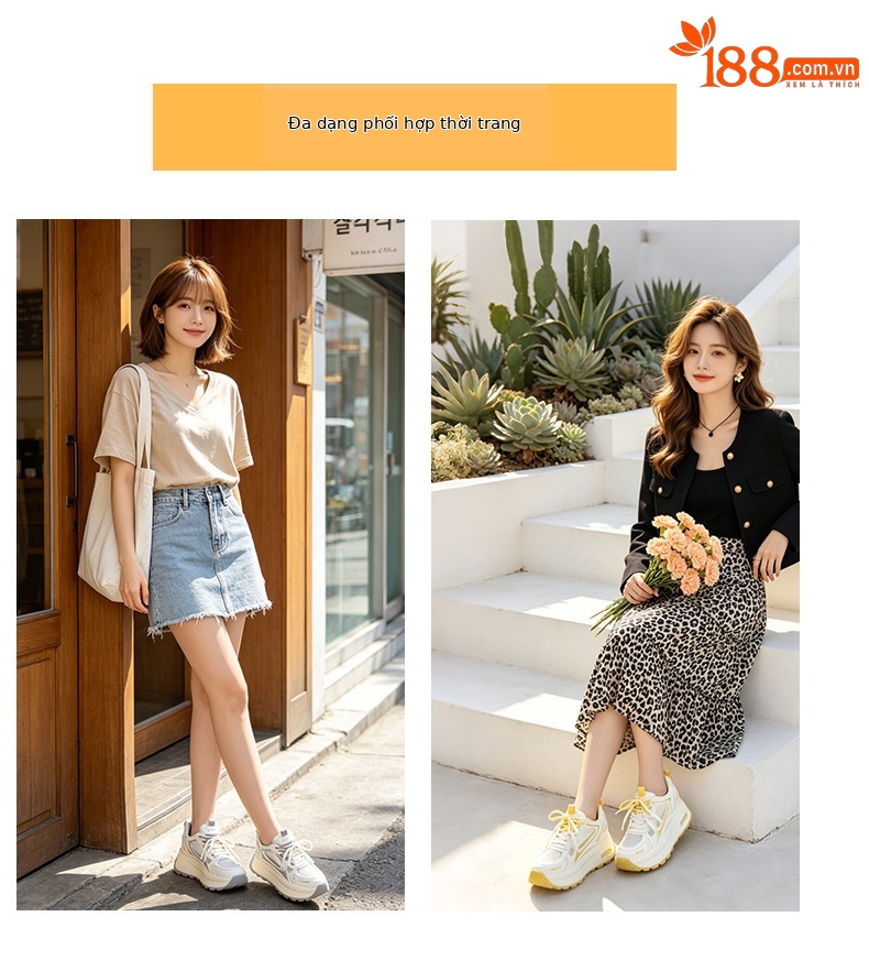 Giày sneaker nữ đế dày phong cách cổ điển, tăng chiều cao, phối màu xám vàng — Xám 5032-1, Vàng 5032-1 chi tiết 6
