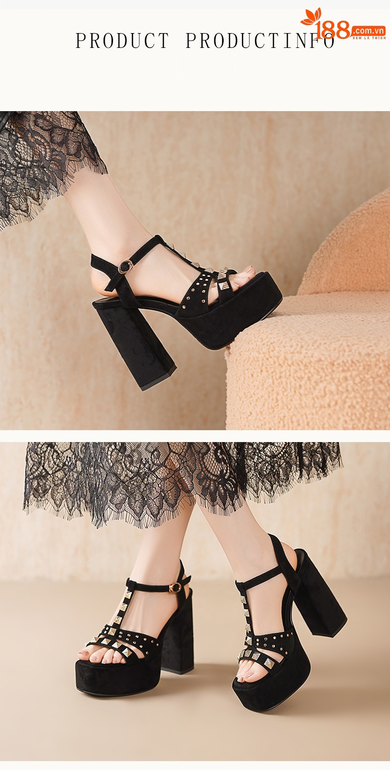 Sandal cao gót nữ hở mũi quai chữ T đinh tán, đế dày 12 cm — đen chi tiết 4