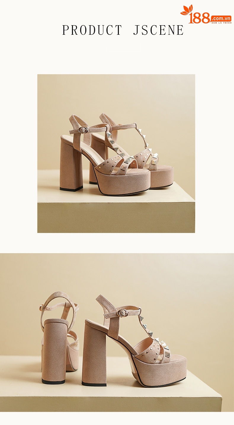 Sandal cao gót nữ hở mũi quai chữ T đinh tán, đế dày 12 cm — đen chi tiết 8