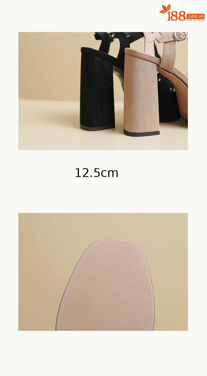 Sandal cao gót nữ hở mũi quai chữ T đinh tán, đế dày 12 cm — đen chi tiết 11