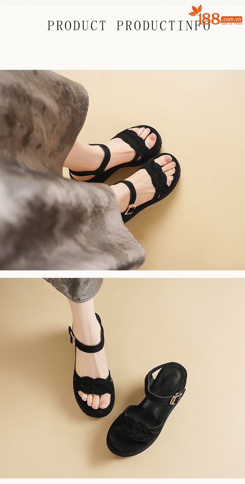 Sandal cao gót nữ hở mũi quai một chữ khóa, đế dày 10 cm, chất liệu da cừu lật dệt — đen chi tiết 4