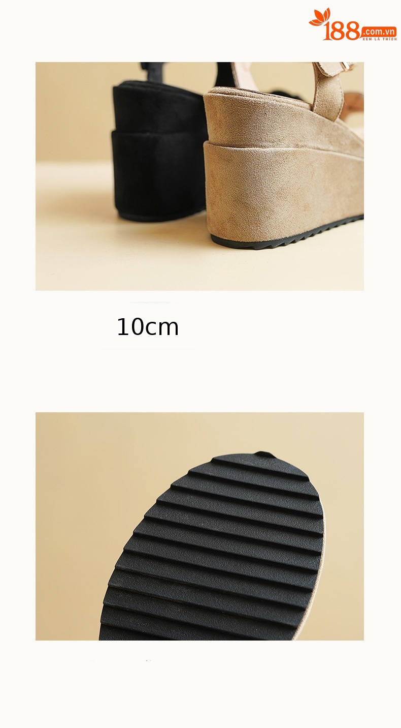 Sandal cao gót nữ hở mũi quai một chữ khóa, đế dày 10 cm, chất liệu da cừu lật dệt — đen chi tiết 10