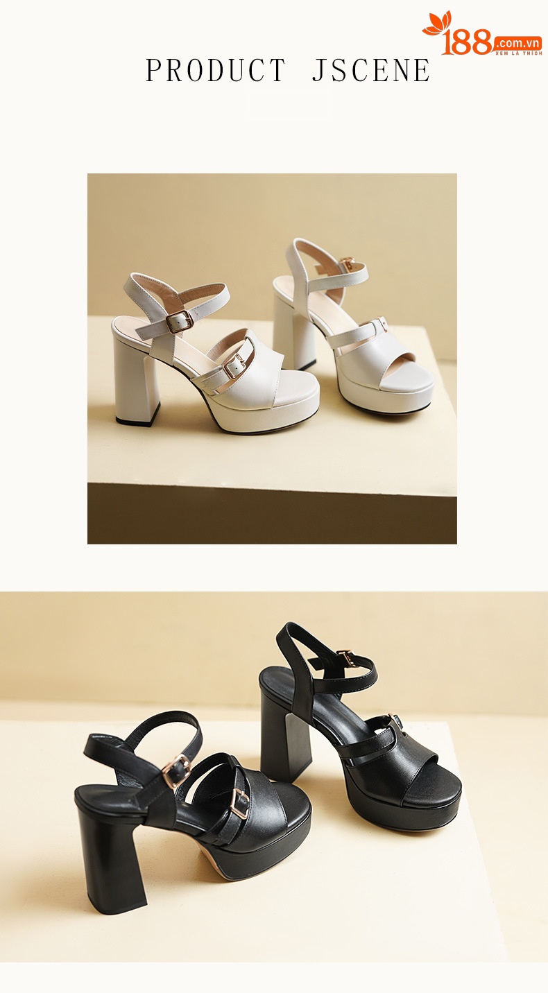 Sandal cao gót nữ hở mũi quai ngang khóa gót 11 cm — Da bò trắng gạo chi tiết 9