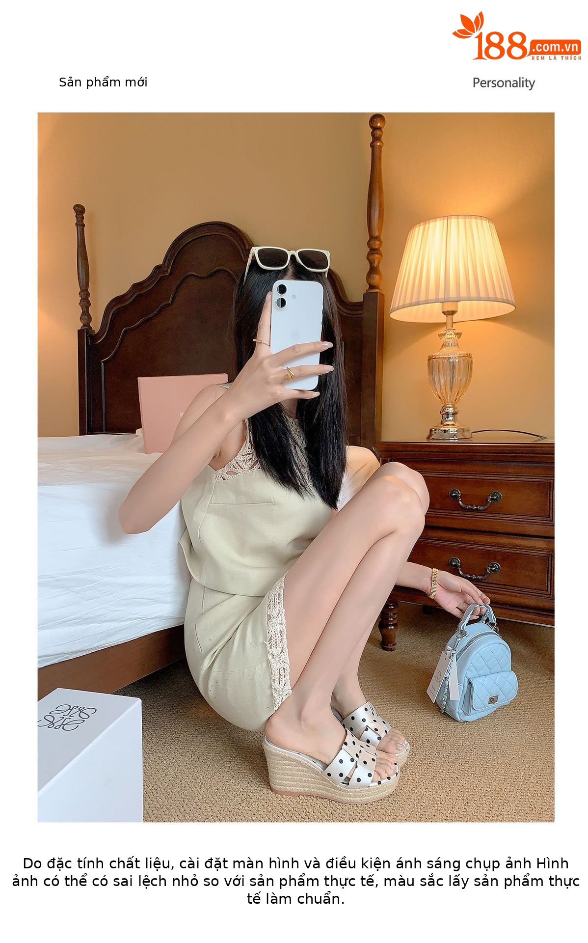 Dép sandal nữ xỏ ngón đế bệt hở mũi chấm bi phong cách lười — Da bò trắng, Satin trắng chi tiết 2