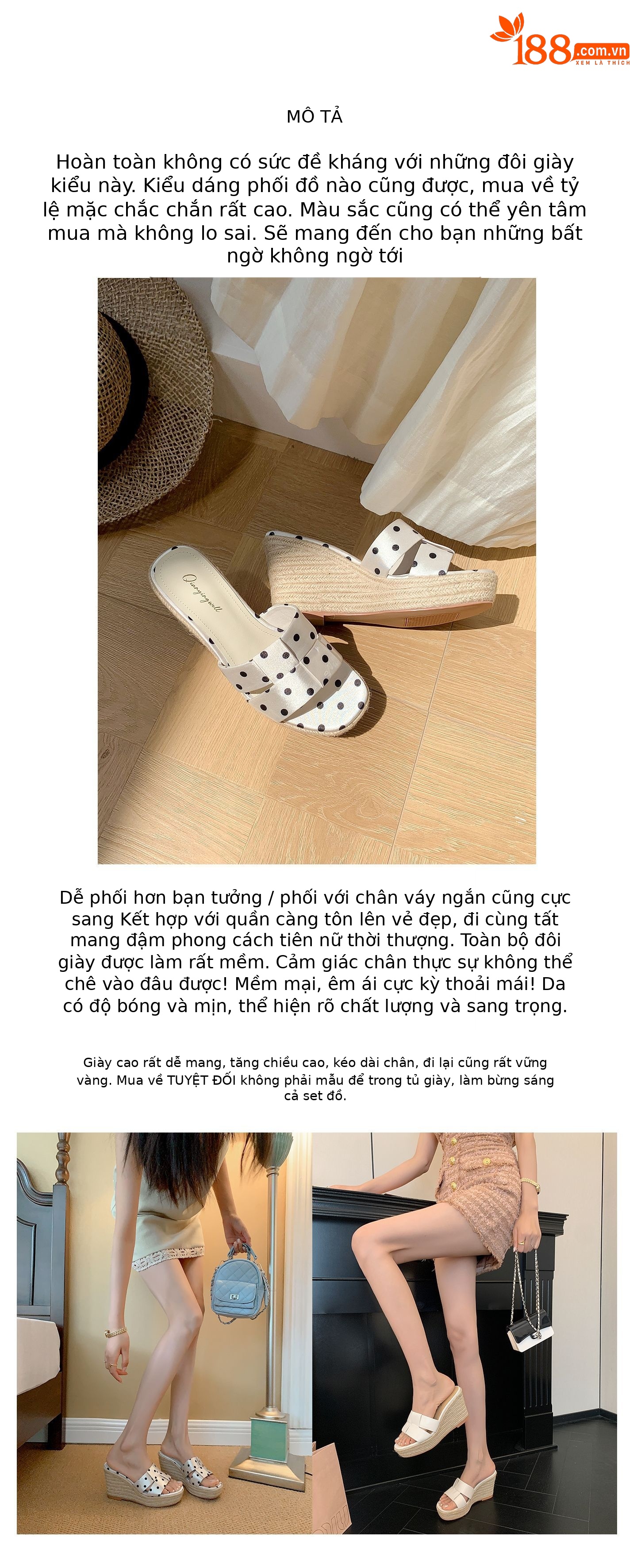 Dép sandal nữ xỏ ngón đế bệt hở mũi chấm bi phong cách lười — Da bò trắng, Satin trắng chi tiết 3
