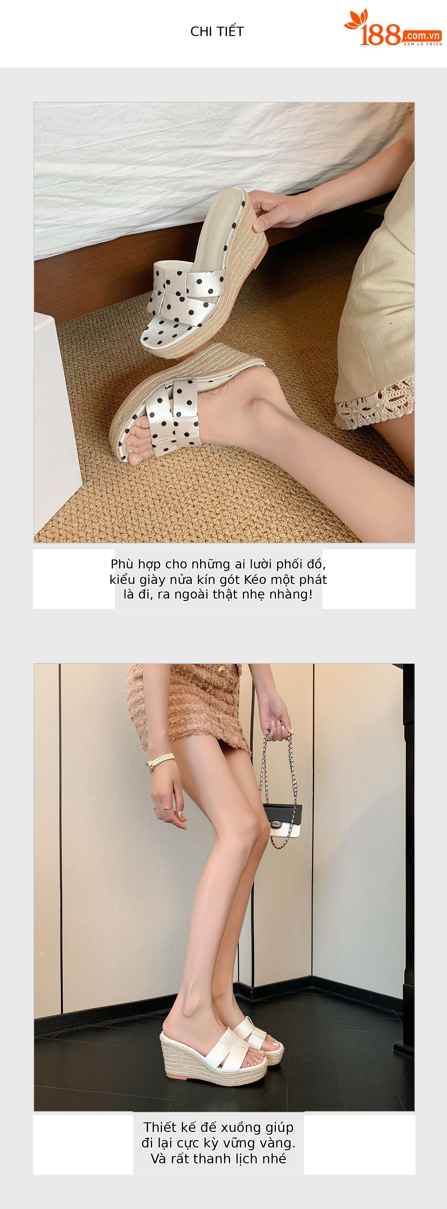 Dép sandal nữ xỏ ngón đế bệt hở mũi chấm bi phong cách lười — Da bò trắng, Satin trắng chi tiết 5