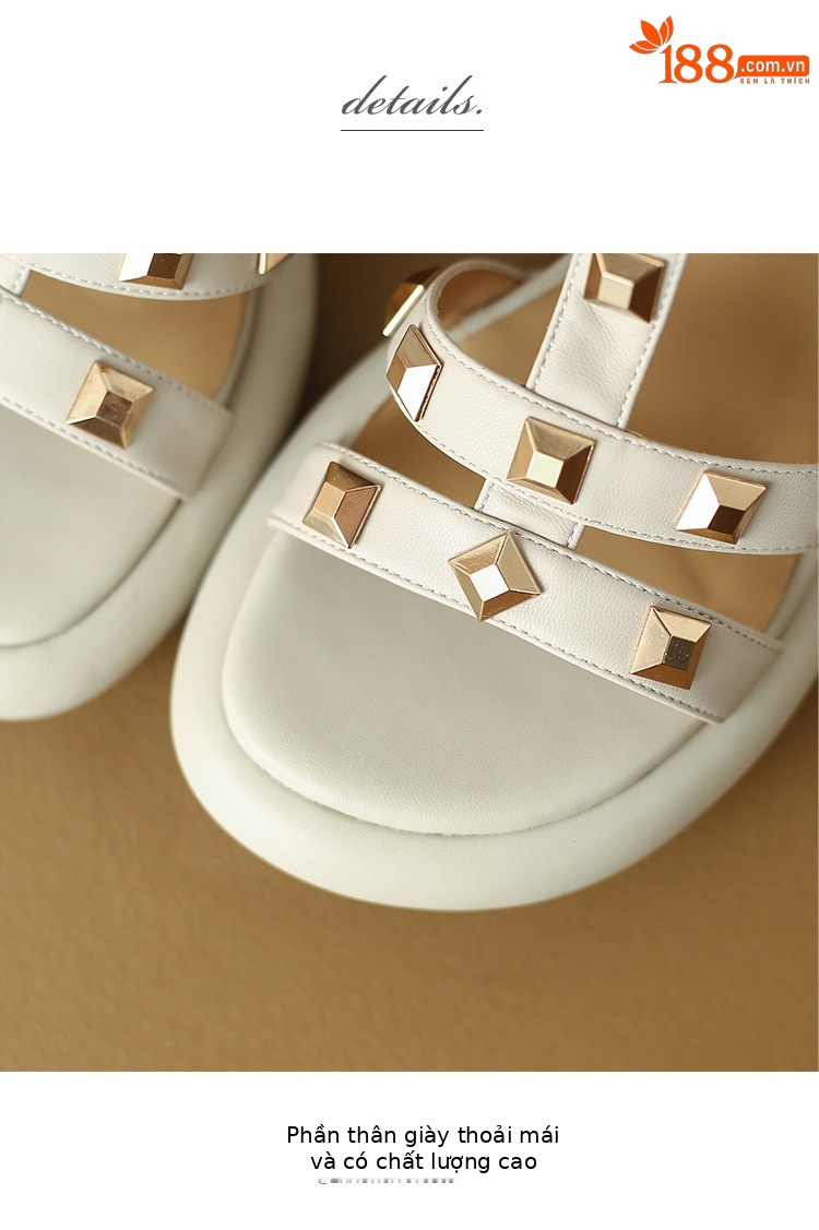 Sandal cao gót nữ mũi nhọn quai ngang đinh tán gót vuông 9 cm — màu đen, màu trắng ngà, màu vàng chi tiết 5