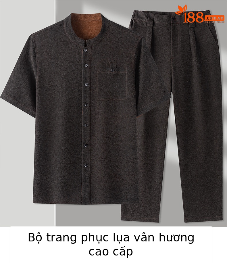 Áo sơ mi ngắn tay nam chất lụa Hương Vân Sa phong cách retro cổ đức — Da đen 2680 chi tiết 1