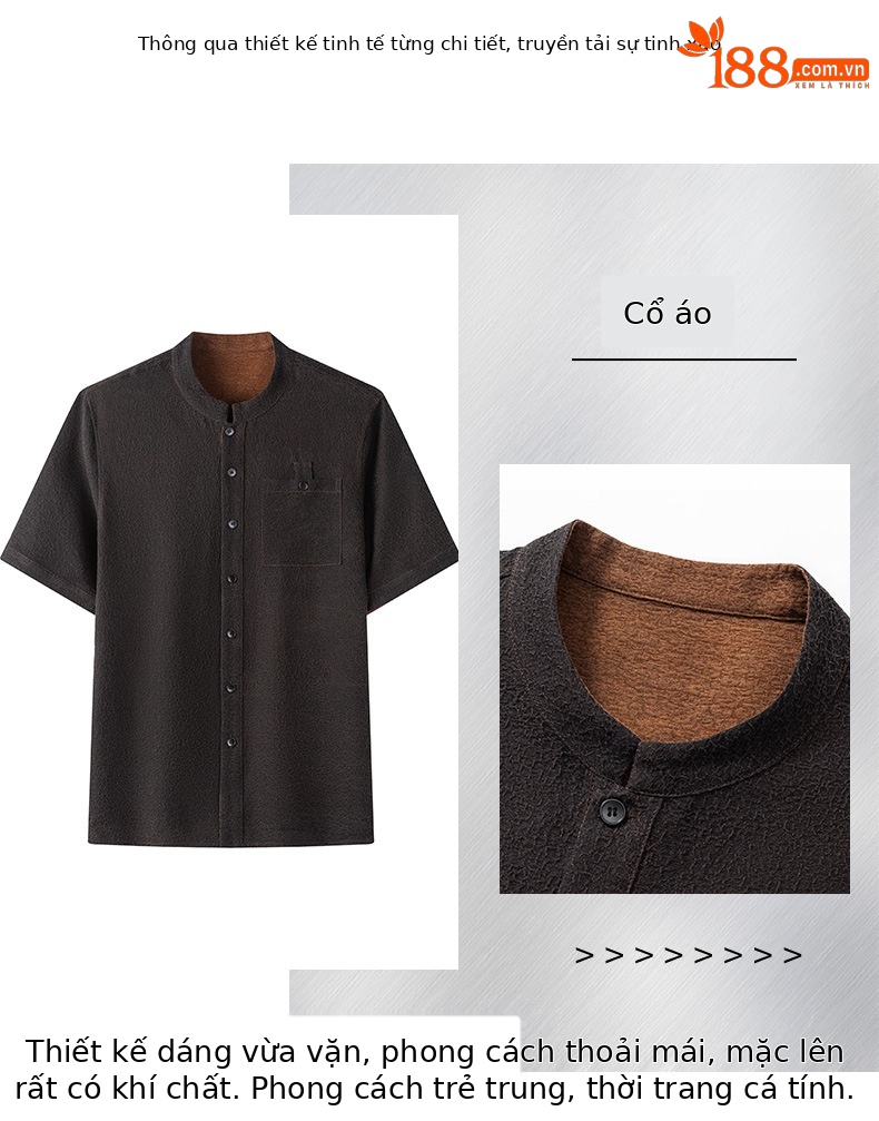 Áo sơ mi ngắn tay nam chất lụa Hương Vân Sa phong cách retro cổ đức — Da đen 2680 chi tiết 2