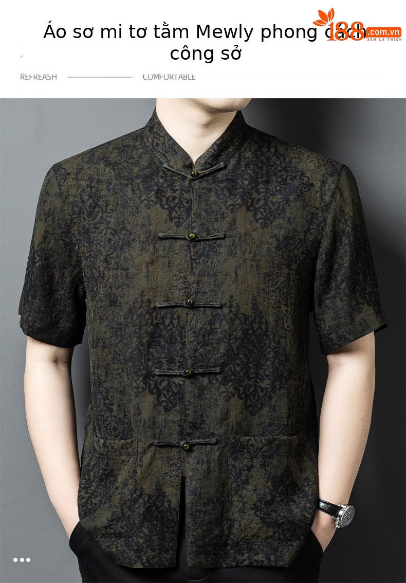 Áo sơ mi nam tay ngắn cổ đứng kiểu Trung Hoa lụa tơ tằm Mulberry Silk — Quân đội xanh 625179 chi tiết 1