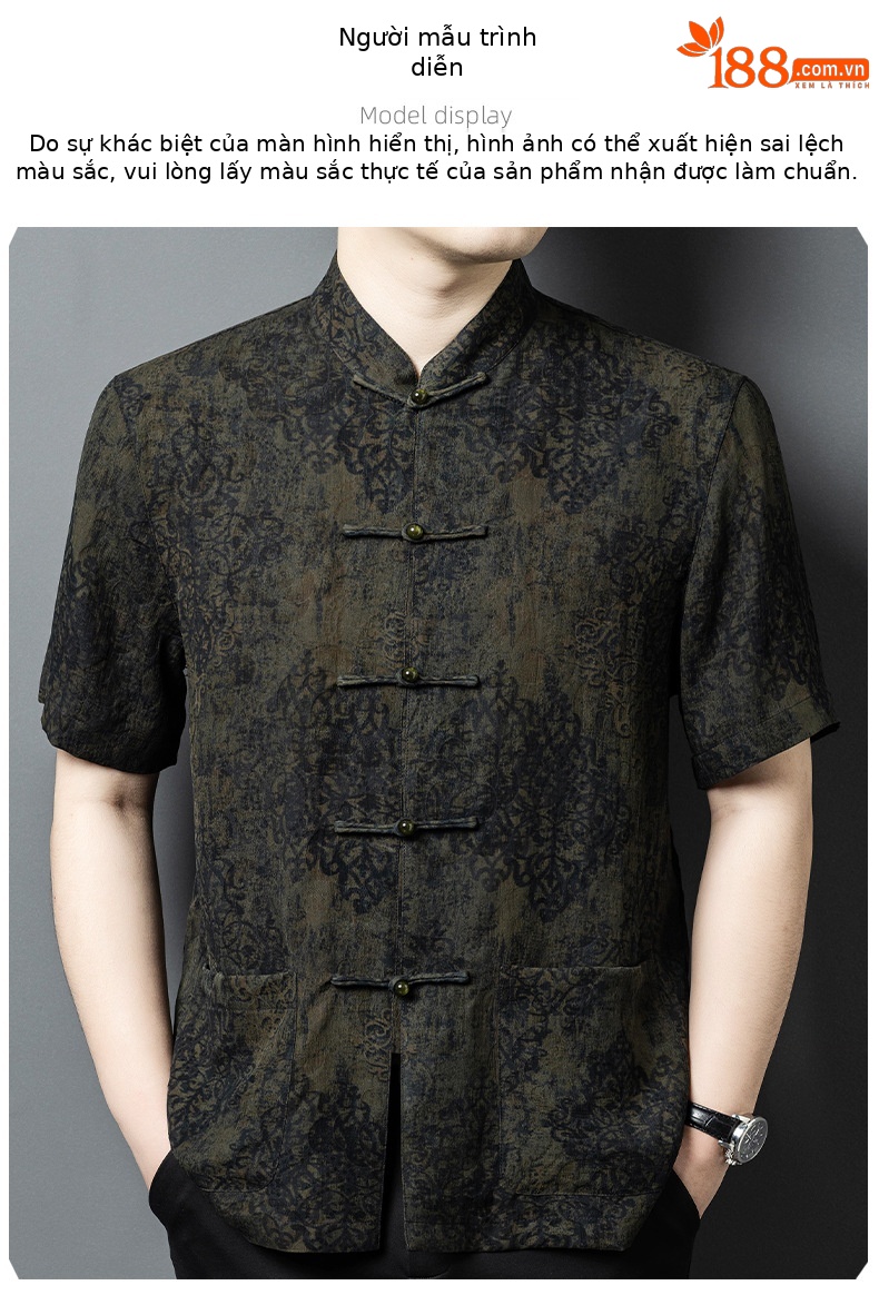 Áo sơ mi nam tay ngắn cổ đứng kiểu Trung Hoa lụa tơ tằm Mulberry Silk — Quân đội xanh 625179 chi tiết 9