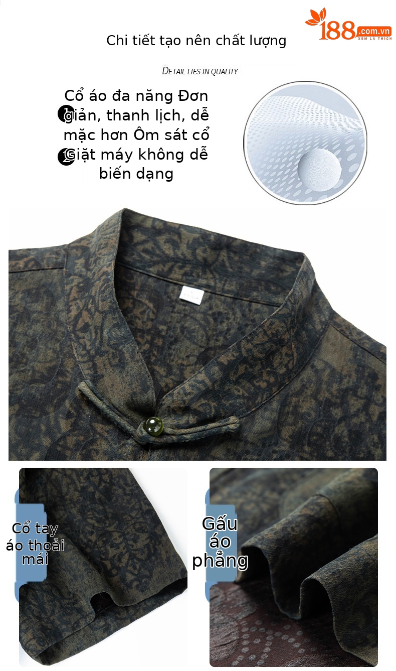Áo sơ mi nam tay ngắn cổ đứng kiểu Trung Hoa lụa tơ tằm Mulberry Silk — Quân đội xanh 625179 chi tiết 7