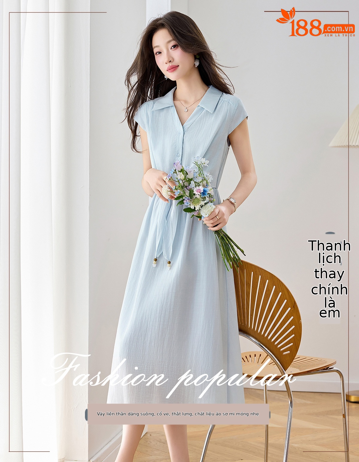 Đầm maxi nữ cổ ve trung niên tay ngắn thắt eo thanh lịch mùa hè 2026 — xanh lam, màu trắng chi tiết 1