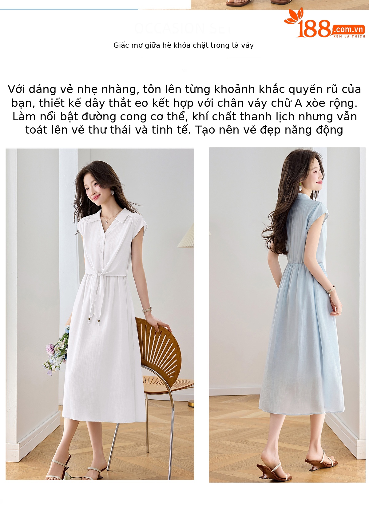 Đầm maxi nữ cổ ve trung niên tay ngắn thắt eo thanh lịch mùa hè 2026 — xanh lam, màu trắng chi tiết 3