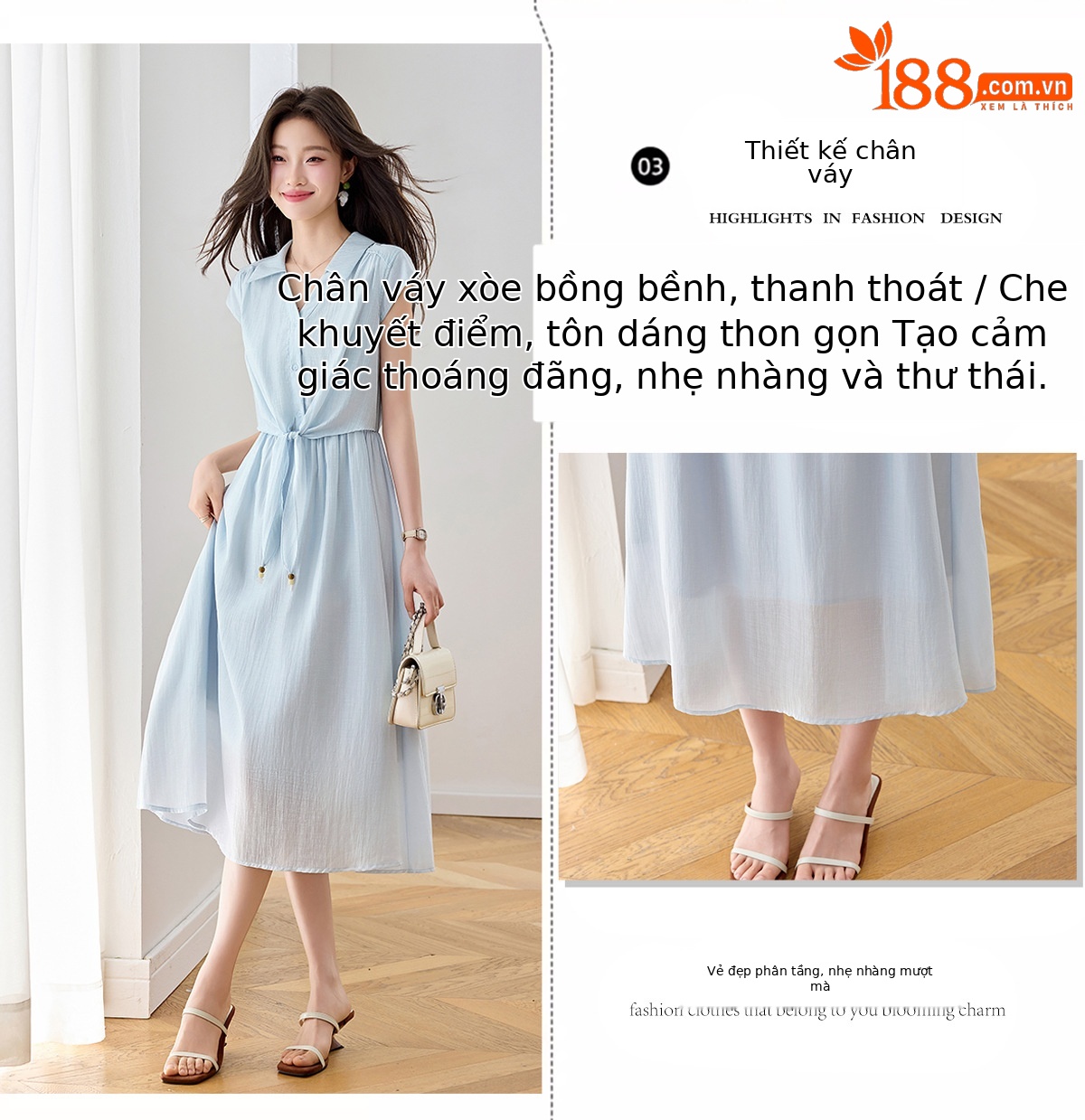 Đầm maxi nữ cổ ve trung niên tay ngắn thắt eo thanh lịch mùa hè 2026 — xanh lam, màu trắng chi tiết 6