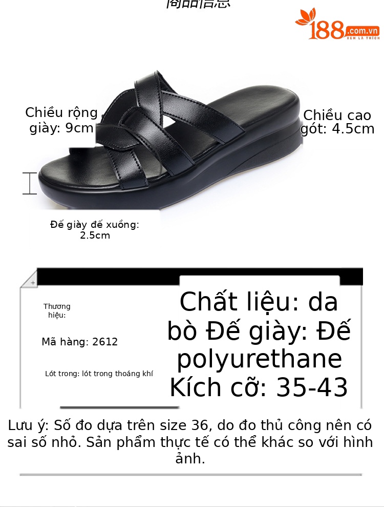 Dép sandal nữ quai chữ V đế bệt da bò mềm mại, size lớn 35-43 — Đen【Da bò lớp đầu】 chi tiết 3
