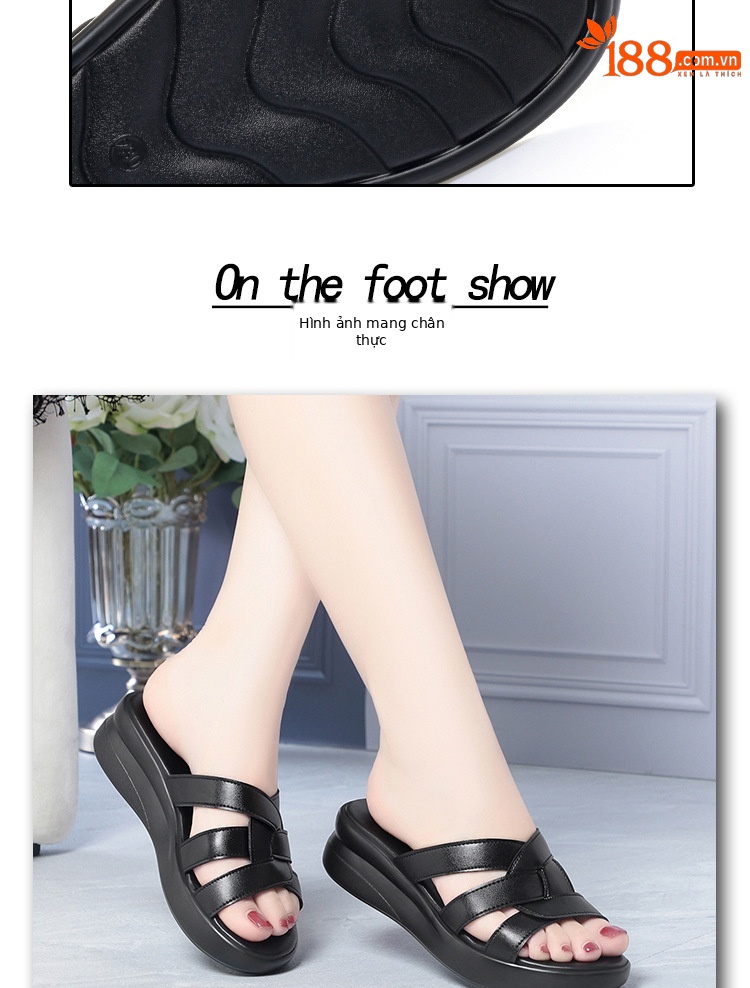 Dép sandal nữ quai chữ V đế bệt da bò mềm mại, size lớn 35-43 — Đen【Da bò lớp đầu】 chi tiết 6