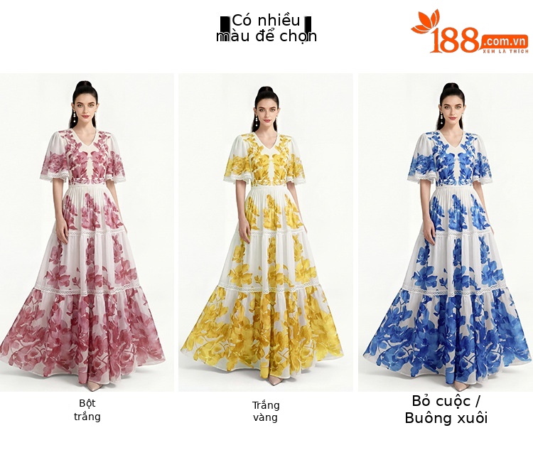 Đầm maxi nữ cổ V tay ngắn in hoa xếp li thắt eo — xanh lam, Màu hồng, màu vàng chi tiết 1