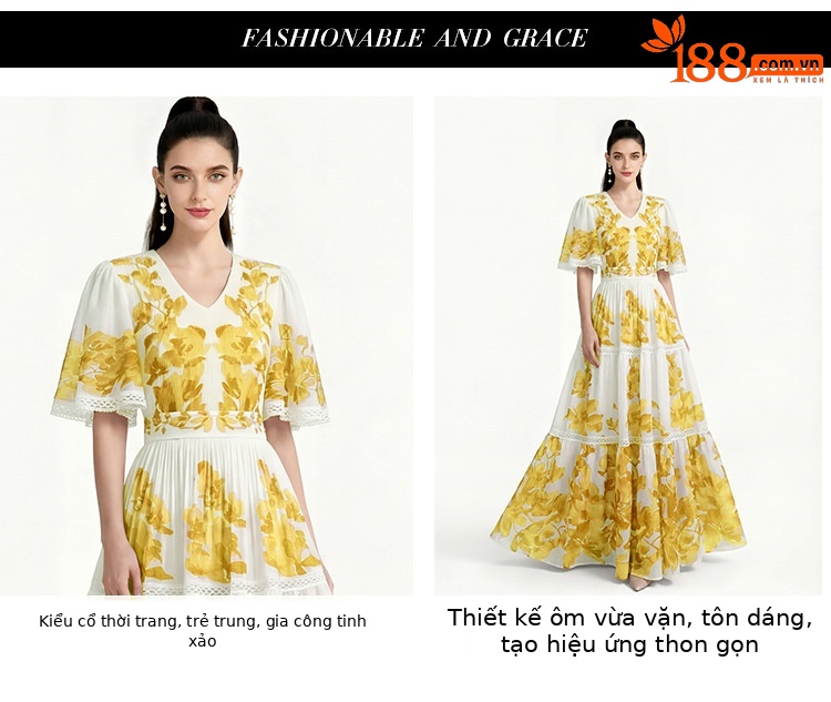 Đầm maxi nữ cổ V tay ngắn in hoa xếp li thắt eo — xanh lam, Màu hồng, màu vàng chi tiết 2