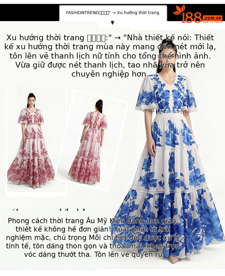 Đầm maxi nữ cổ V tay ngắn in hoa xếp li thắt eo — xanh lam, Màu hồng, màu vàng chi tiết 3
