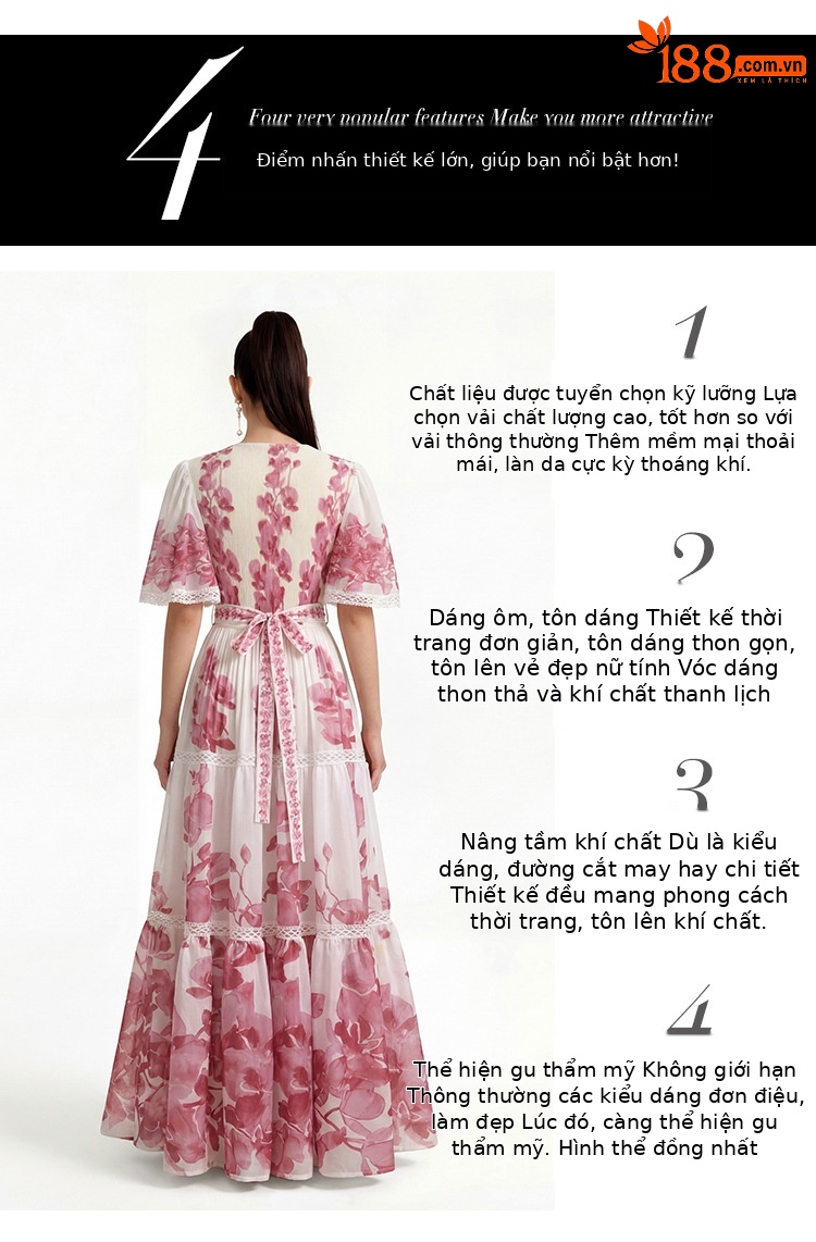 Đầm maxi nữ cổ V tay ngắn in hoa xếp li thắt eo — xanh lam, Màu hồng, màu vàng chi tiết 4