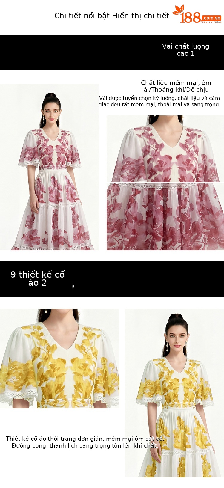 Đầm maxi nữ cổ V tay ngắn in hoa xếp li thắt eo — xanh lam, Màu hồng, màu vàng chi tiết 5