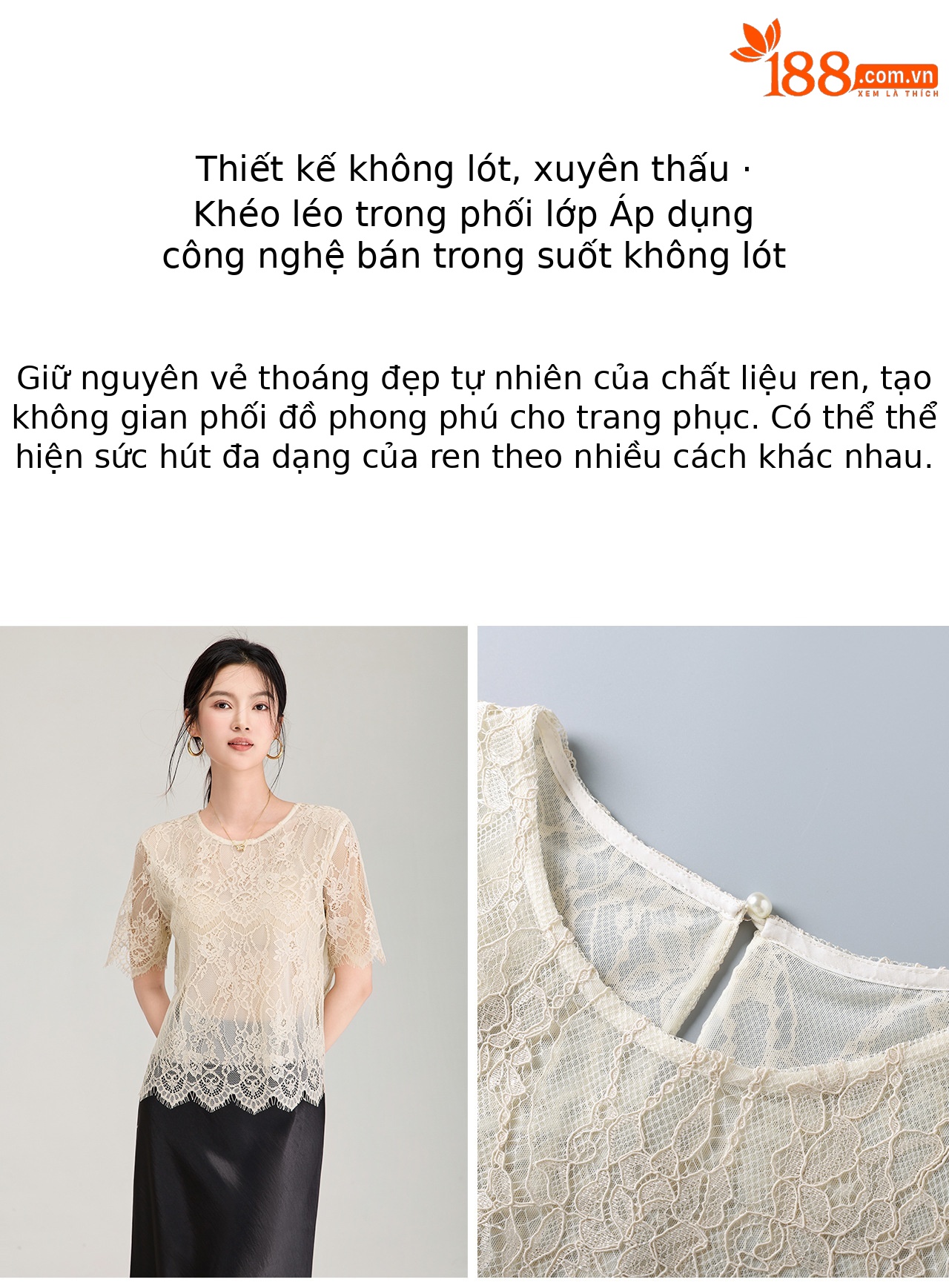Áo thun nữ cổ tròn tay ngắn ren viền cổ phong cách Pháp — màu đen chi tiết 8