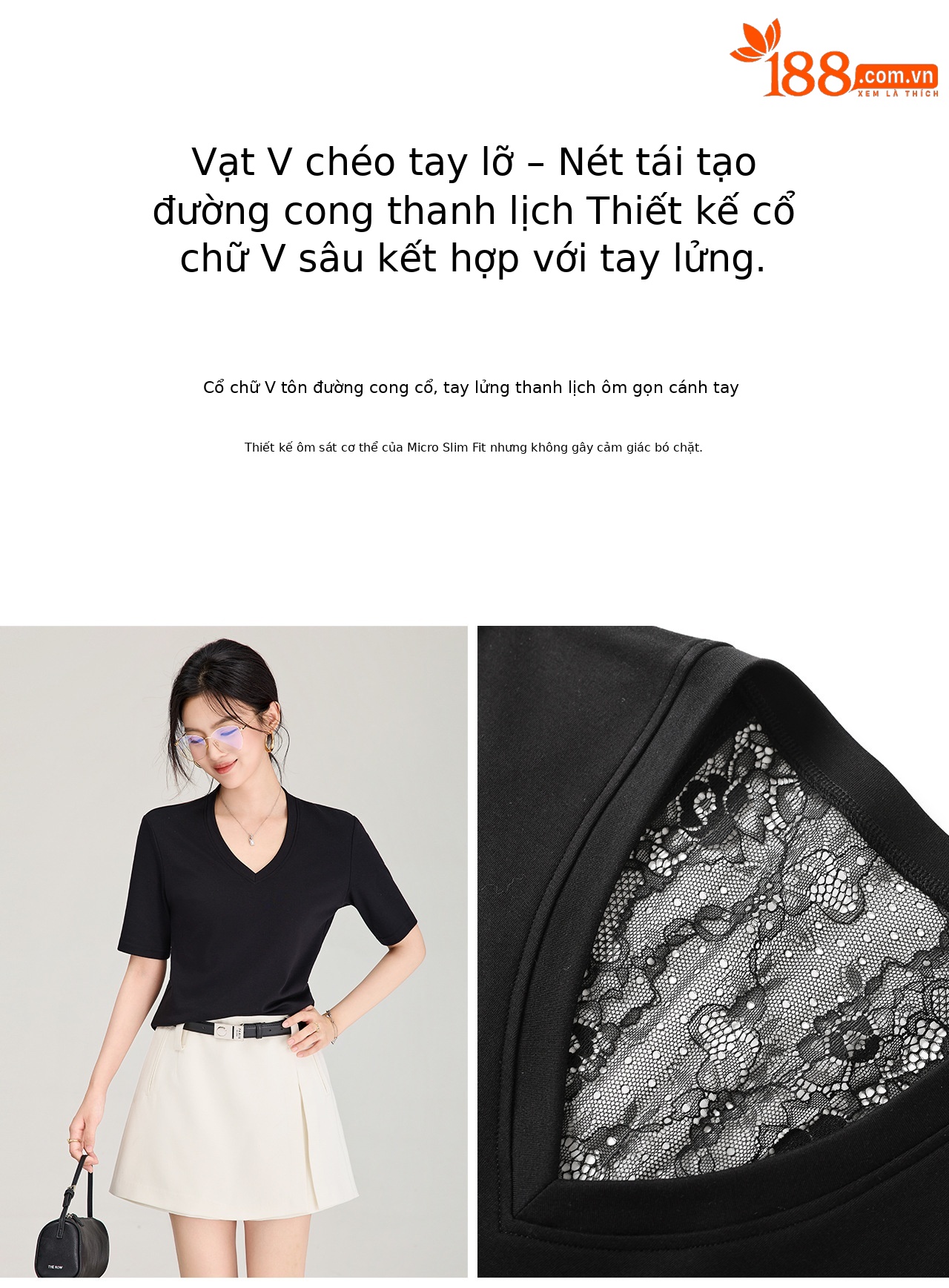 Áo thun tay ngắn nữ phối ren xuyên thấu lưng, thiết kế ôm nhẹ — màu đen chi tiết 8