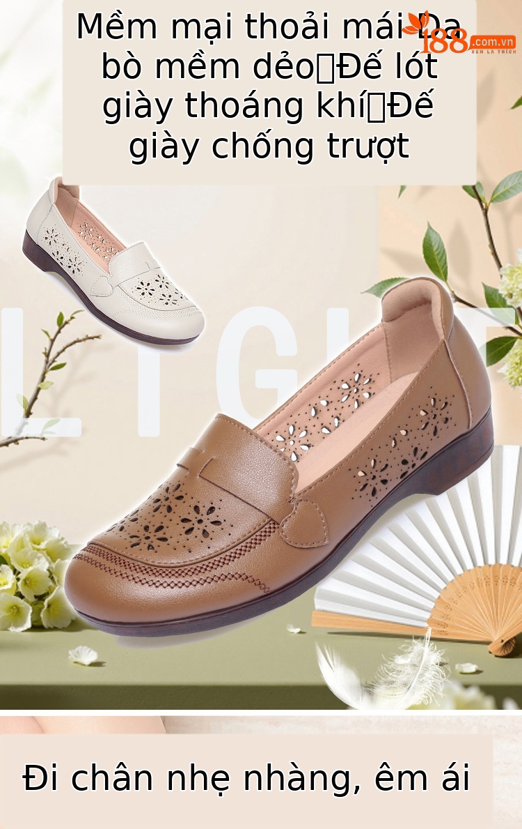 Giày sandal nữ da thật đế bệt quai chữ V thoáng khí — màu be chi tiết 1