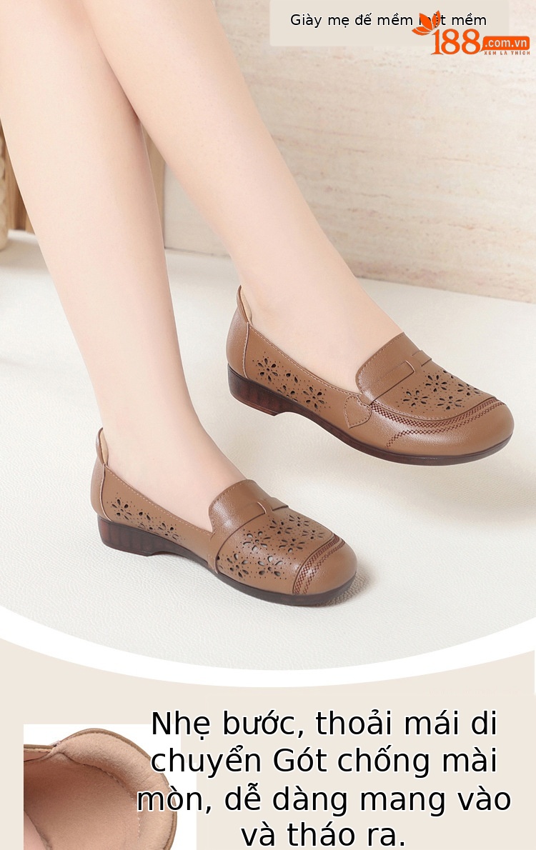 Giày sandal nữ da thật đế bệt quai chữ V thoáng khí — màu be chi tiết 2