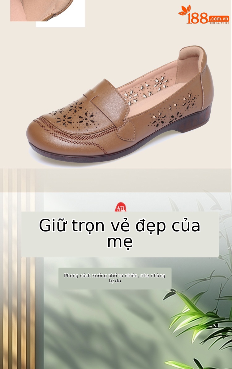 Giày sandal nữ da thật đế bệt quai chữ V thoáng khí — màu be chi tiết 3