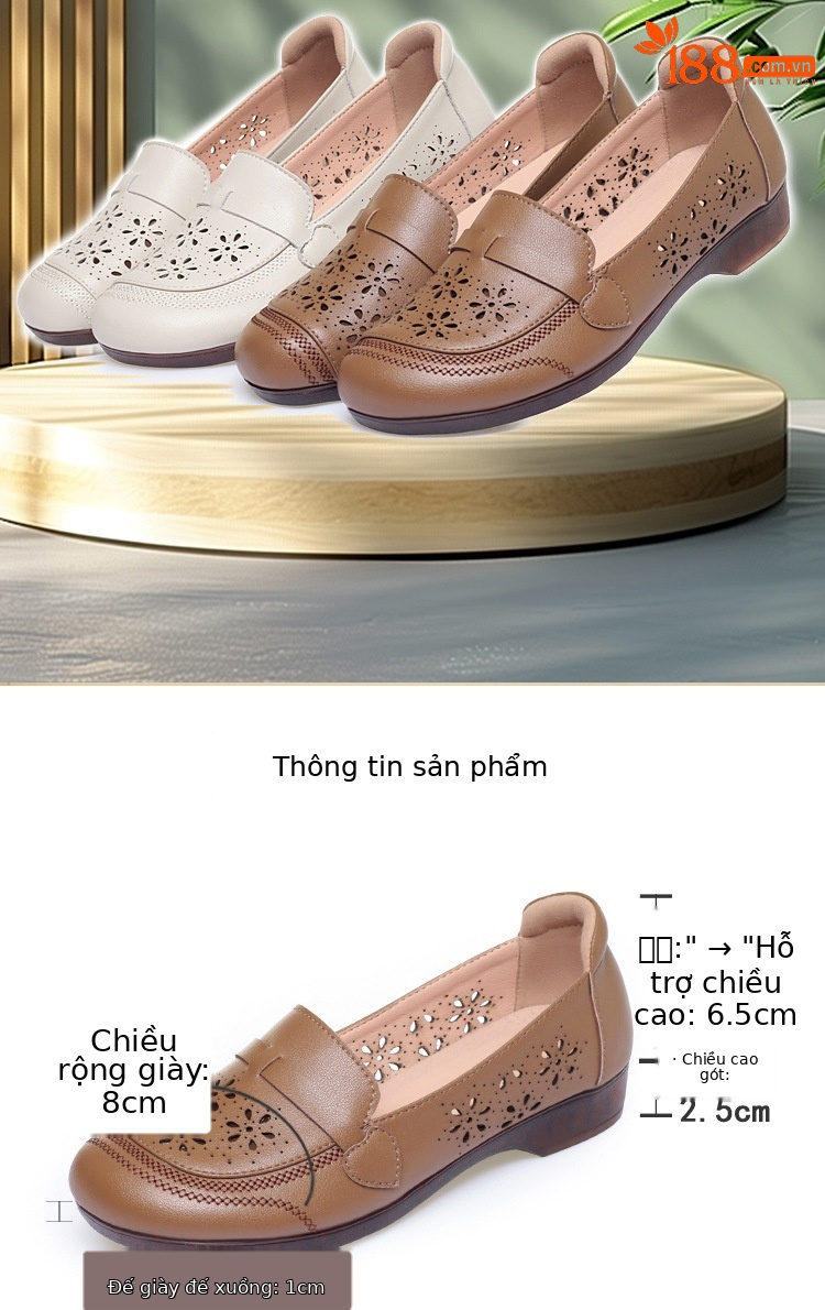 Giày sandal nữ da thật đế bệt quai chữ V thoáng khí — màu be chi tiết 4