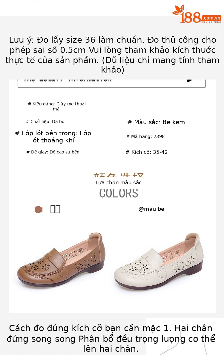 Giày sandal nữ da thật đế bệt quai chữ V thoáng khí — màu be chi tiết 5